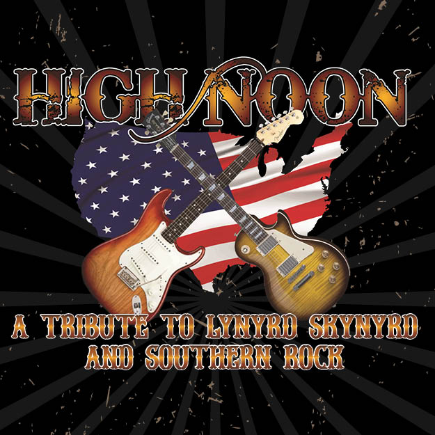 High Noon logo with two guitars over a picture of the United States wrapped in an american flag