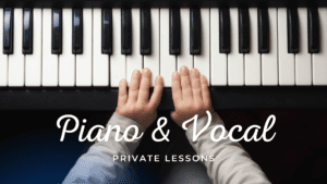 picture of a piano, with text that says "Piano and vocal private lessons"