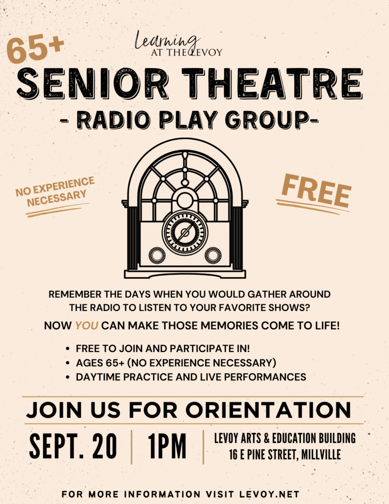 senior theatre flyer showing orientation on sept 20 at 1 pm