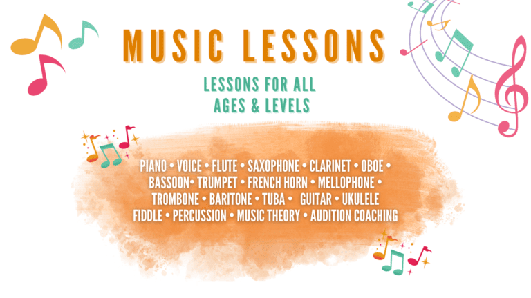 Music Lessons. Lessons for all ages and levels. Piano. Voice. Flute. Saxophone. Clarinet. Oboe. Bassoon. Trumpet. French Horn. Mellophone. Trombone. Baritone. Tuba. Guitar. Ukulele. Fiddle. Percussion. Music Theory. Audition Coaching.