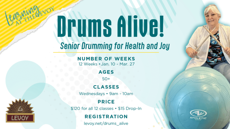 Drums Alive! Logo. Instructor sitting with drumsticks. Stability Ball in image.