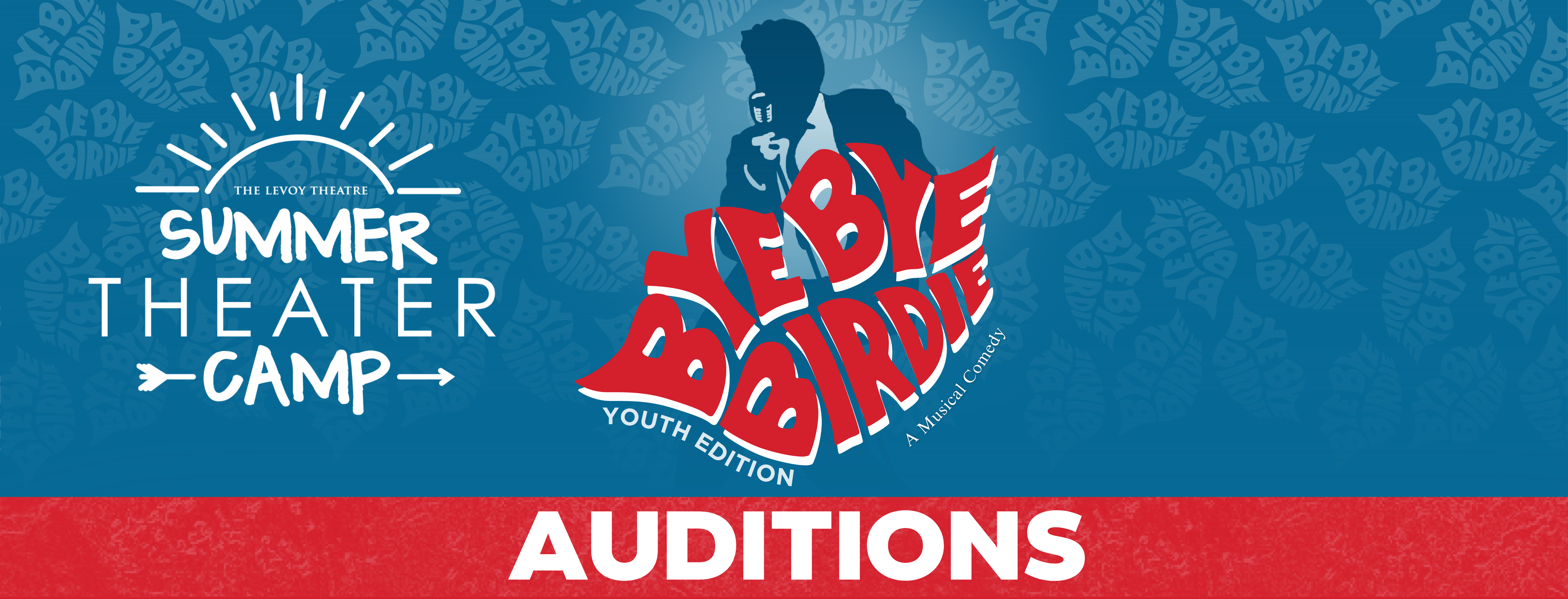 Bye Bye Birdie logo in red font, 50s style man behind logo. Levoy Summer Camp Logo in white color, right side. Red block at bottom with white text "Auditions"