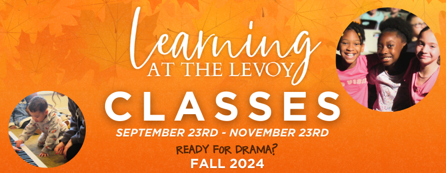 Orange background, leaves faded onto the background. Learning at the Levoy white text. Classes in white text. Two photos of multiple students.