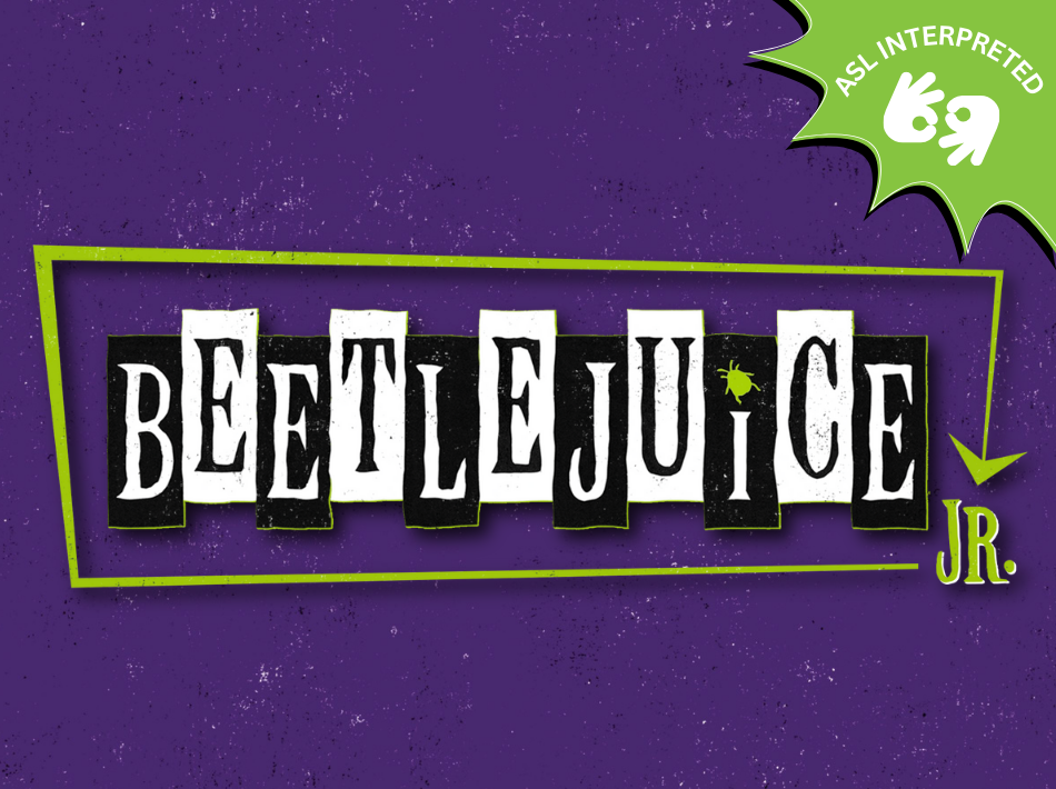 Beetlejuice jr logo, purple background