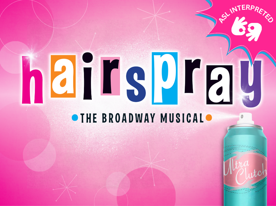 Pink background, hairspray the musical logo, hairspray can spraying hairspray