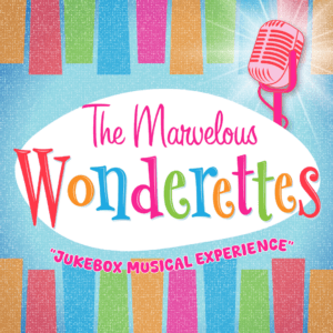 Light blue background, red, green, pink, orange, and blue blocks top and bottom. The Marlevous Wonderettes logo. "Jukebox Musical Experience", vintage microphone color pink top right corner.