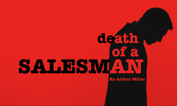 Death of a Salesman by Arthur Miller graphic featuring a bowed silhouette against a bold red background.