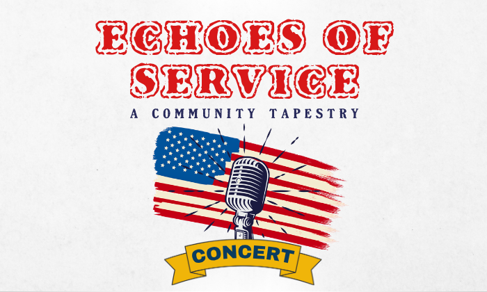 Echoes of Service: A Community Tapestry concert graphic featuring a vintage microphone over an American flag.