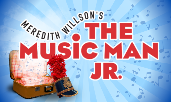 Meredith Willson’s The Music Man JR. graphic featuring an open suitcase, red feather plume and marching-band hat against a blue musical-note background.