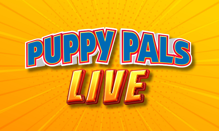 Puppy Pals Live logo in bold blue, red and gold lettering against a bright yellow comic-style background.