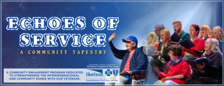 Echoes of Service web header featuring a veterans choir performing on stage under blue lighting, with text reading “Echoes of Service: A Community Tapestry” and a note about strengthening intergenerational and community bonds with veterans.